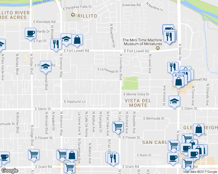 map of restaurants, bars, coffee shops, grocery stores, and more near 4213 East Monte Vista Drive in Tucson