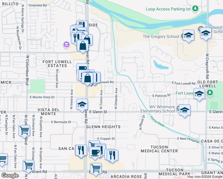map of restaurants, bars, coffee shops, grocery stores, and more near 4852 East Fort Lowell Road in Tucson
