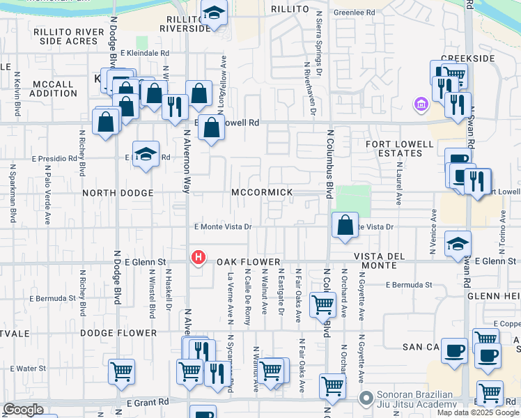 map of restaurants, bars, coffee shops, grocery stores, and more near 2901C North Walnut Avenue in Tucson
