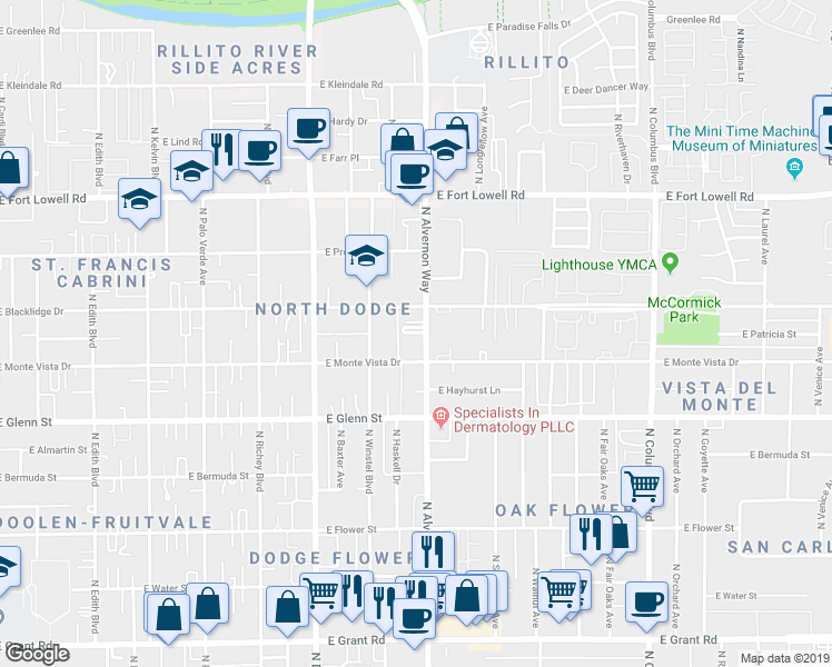 map of restaurants, bars, coffee shops, grocery stores, and more near 2935 North Alvernon Way in Tucson