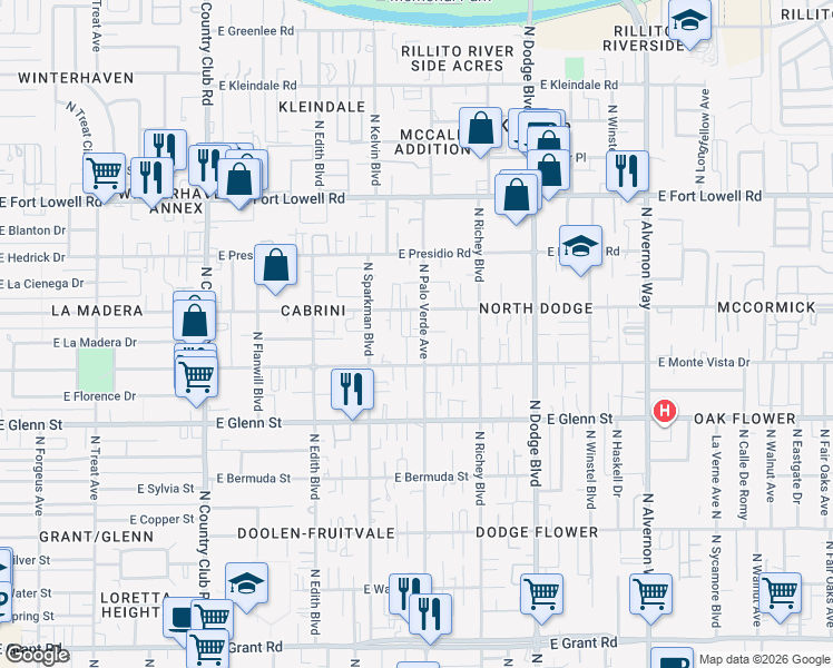 map of restaurants, bars, coffee shops, grocery stores, and more near 3448 East Blacklidge Drive in Tucson