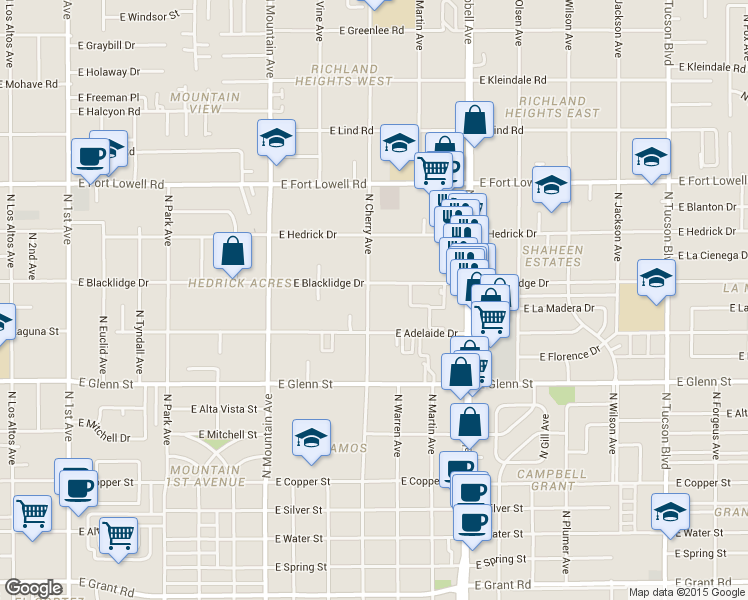 map of restaurants, bars, coffee shops, grocery stores, and more near 2934 North Cherry Avenue in Tucson