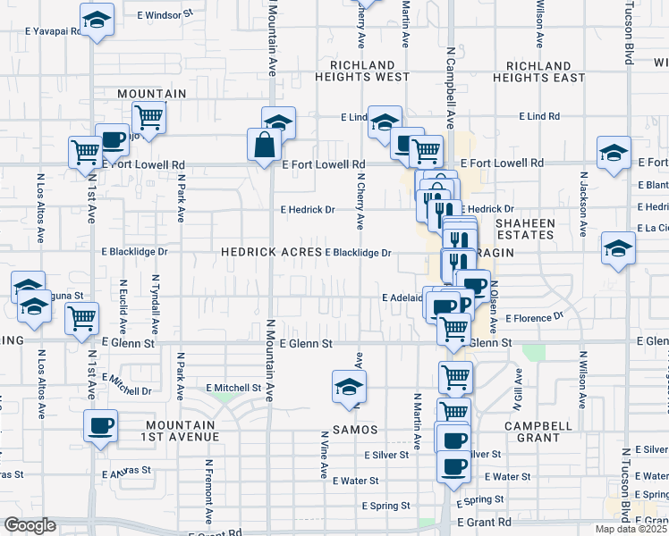 map of restaurants, bars, coffee shops, grocery stores, and more near 1548 East Blacklidge Drive in Tucson