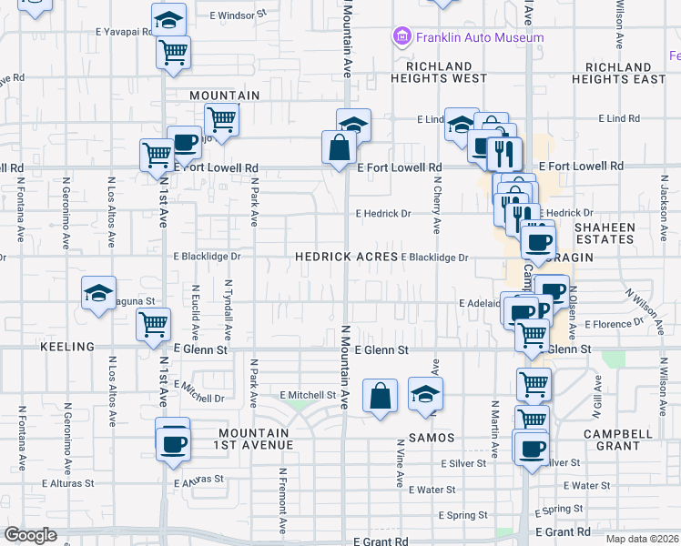 map of restaurants, bars, coffee shops, grocery stores, and more near 2938 North Mountain Avenue in Tucson