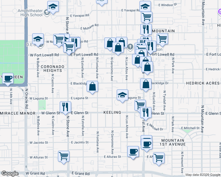 map of restaurants, bars, coffee shops, grocery stores, and more near 2932 North Geronimo Avenue in Tucson