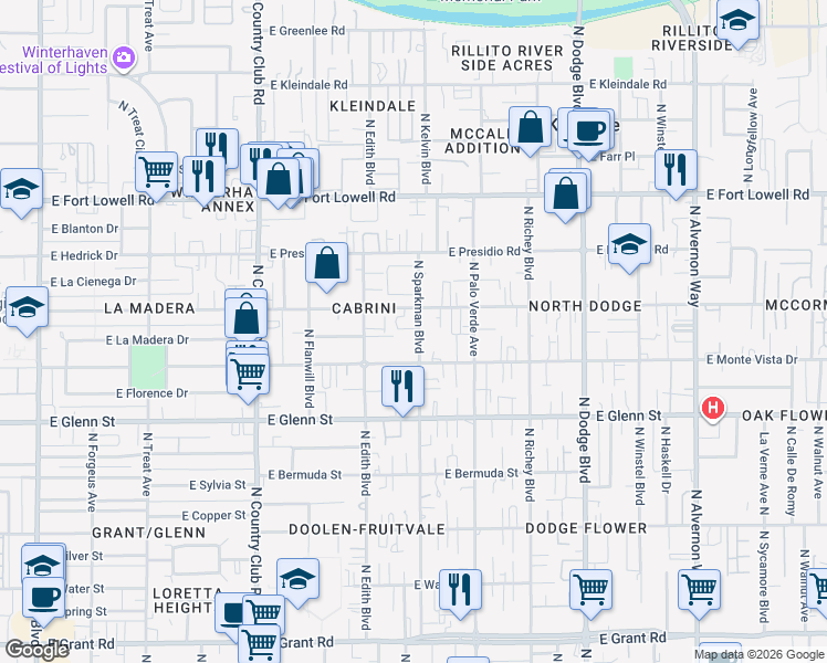 map of restaurants, bars, coffee shops, grocery stores, and more near 2941 North Sparkman Boulevard in Tucson