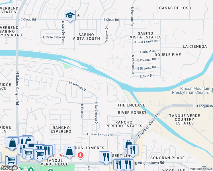 map of restaurants, bars, coffee shops, grocery stores, and more near 7725 East Hartwick Court in Tucson
