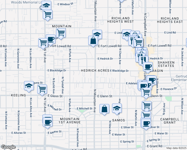 map of restaurants, bars, coffee shops, grocery stores, and more near 2938 North Mountain Avenue in Tucson