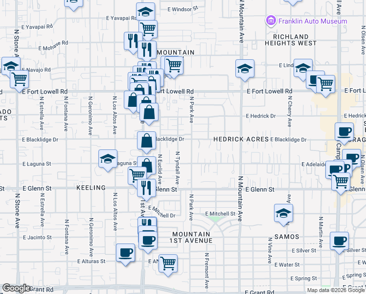 map of restaurants, bars, coffee shops, grocery stores, and more near 2936 North Tyndall Avenue in Tucson
