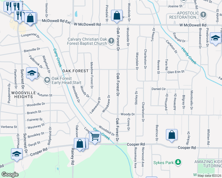 map of restaurants, bars, coffee shops, grocery stores, and more near 3068 Woodview Drive in Jackson