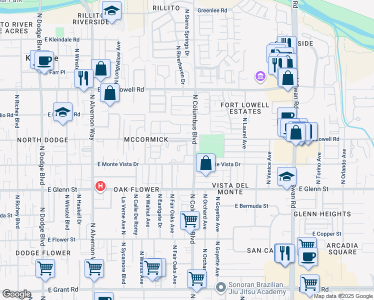 map of restaurants, bars, coffee shops, grocery stores, and more near 3003 North Columbus Boulevard in Tucson