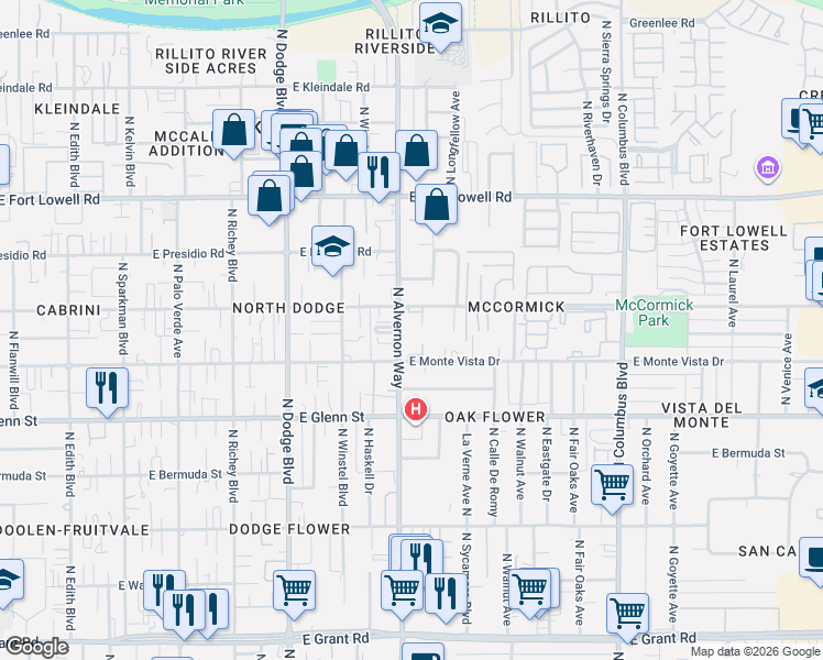 map of restaurants, bars, coffee shops, grocery stores, and more near 2935 North Alvernon Way in Tucson
