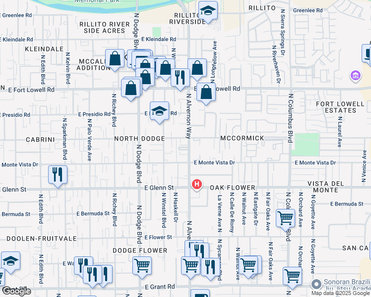 map of restaurants, bars, coffee shops, grocery stores, and more near 2935 North Alvernon Way in Tucson