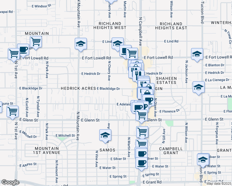 map of restaurants, bars, coffee shops, grocery stores, and more near 2934 North Cherry Avenue in Tucson