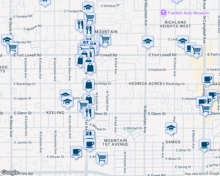 map of restaurants, bars, coffee shops, grocery stores, and more near 2936 North Tyndall Avenue in Tucson