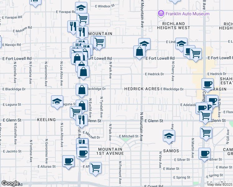map of restaurants, bars, coffee shops, grocery stores, and more near 1012 East Blacklidge Drive in Tucson