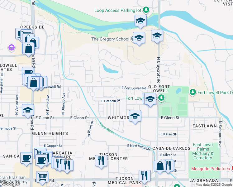map of restaurants, bars, coffee shops, grocery stores, and more near 5230 East Fort Lowell Road in Tucson