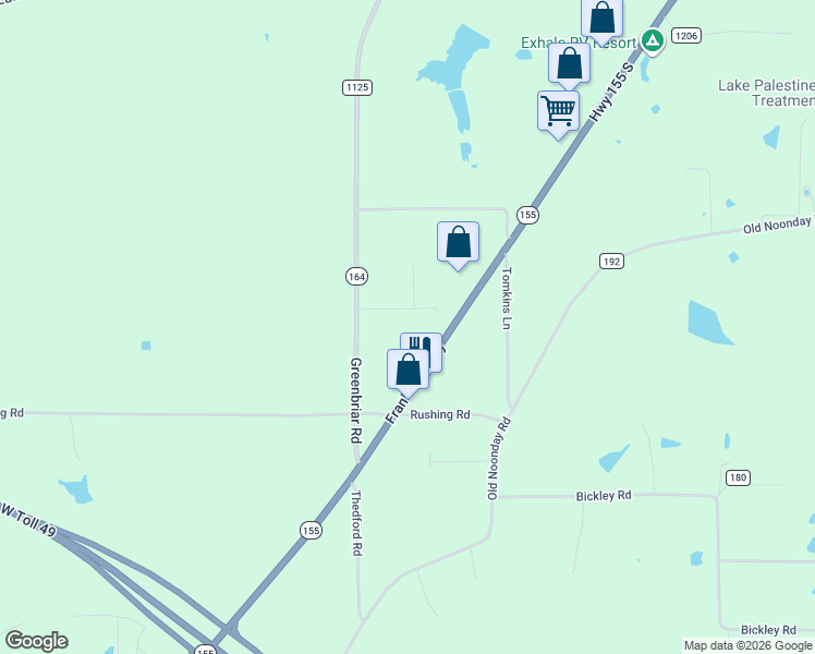 map of restaurants, bars, coffee shops, grocery stores, and more near 15160 Highway 155 in Tyler