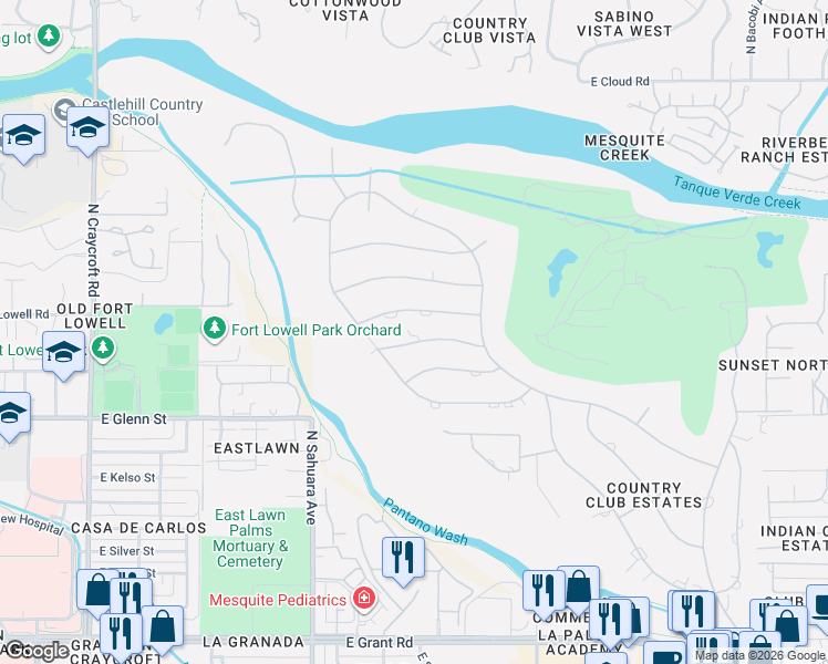 map of restaurants, bars, coffee shops, grocery stores, and more near 6035 East San Cristobal Street in Tucson