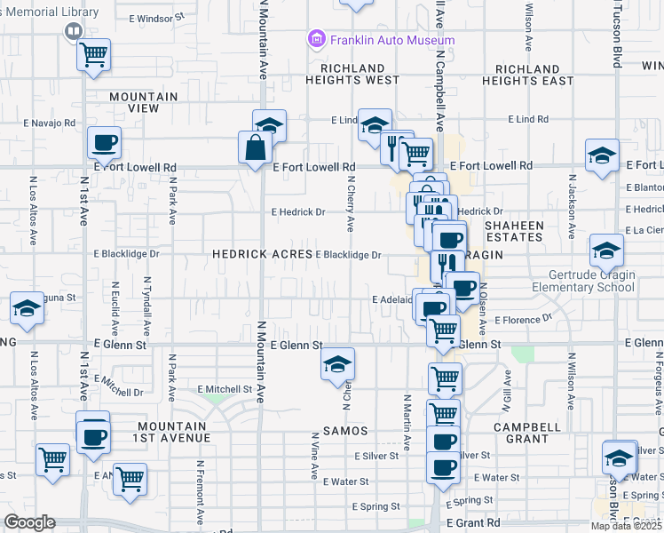 map of restaurants, bars, coffee shops, grocery stores, and more near 1548 East Blacklidge Drive in Tucson