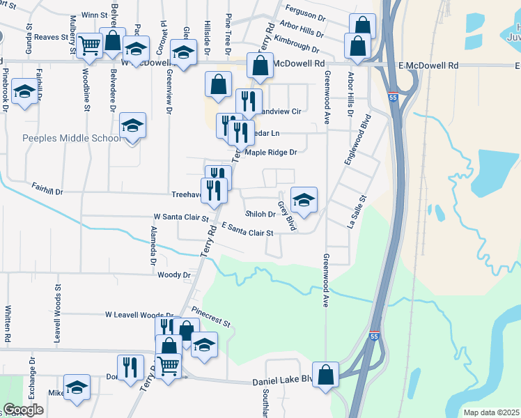 map of restaurants, bars, coffee shops, grocery stores, and more near 205 Shiloh Drive in Jackson