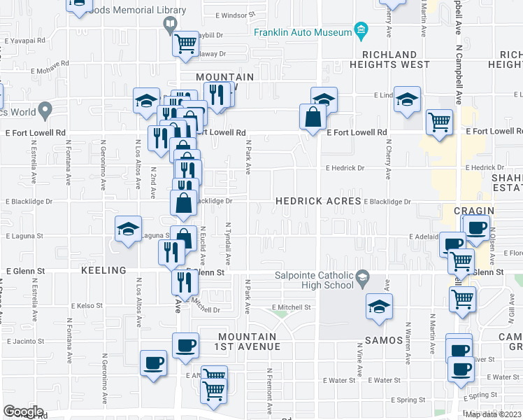 map of restaurants, bars, coffee shops, grocery stores, and more near 1014 East Blacklidge Drive in Tucson