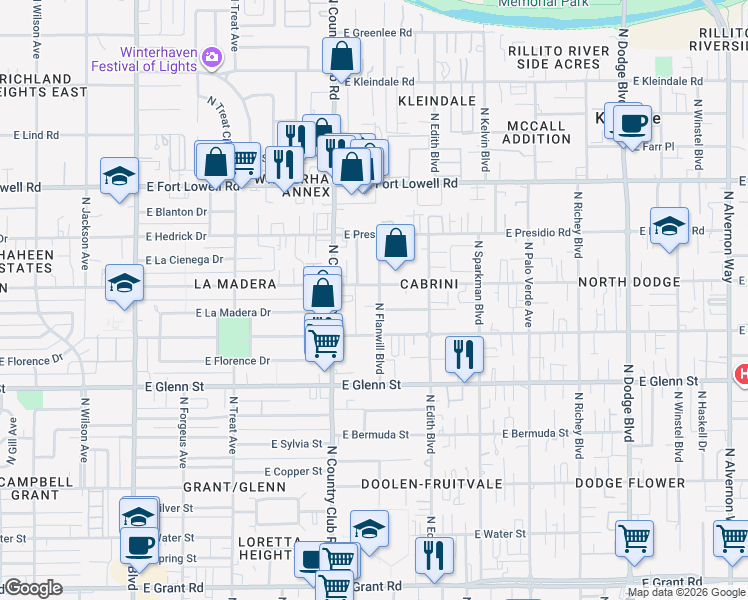 map of restaurants, bars, coffee shops, grocery stores, and more near 2945 North Flanwill Boulevard in Tucson