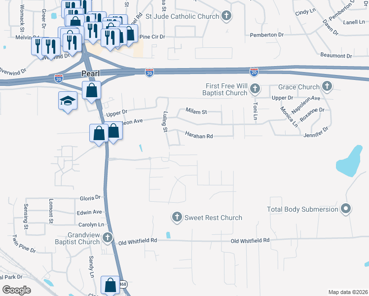 map of restaurants, bars, coffee shops, grocery stores, and more near 2334 Larose Street in Pearl