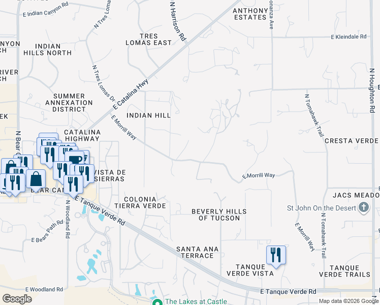 map of restaurants, bars, coffee shops, grocery stores, and more near 9575 East Morrill Way in Tucson