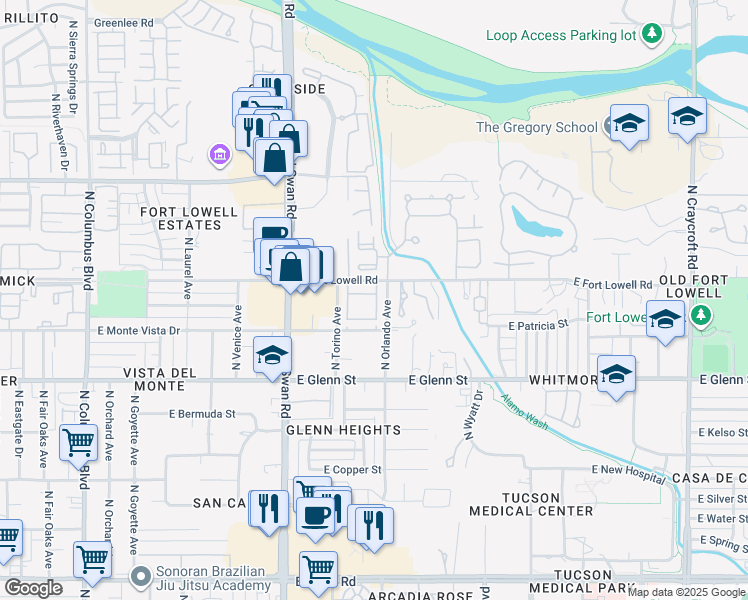 map of restaurants, bars, coffee shops, grocery stores, and more near 4852 East Fort Lowell Road in Tucson