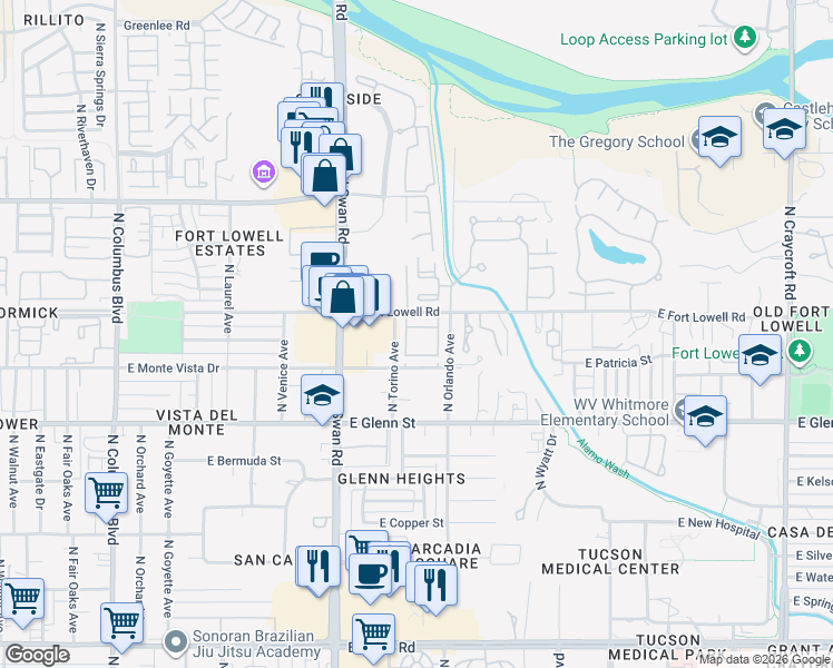 map of restaurants, bars, coffee shops, grocery stores, and more near 4852 East Fort Lowell Road in Tucson