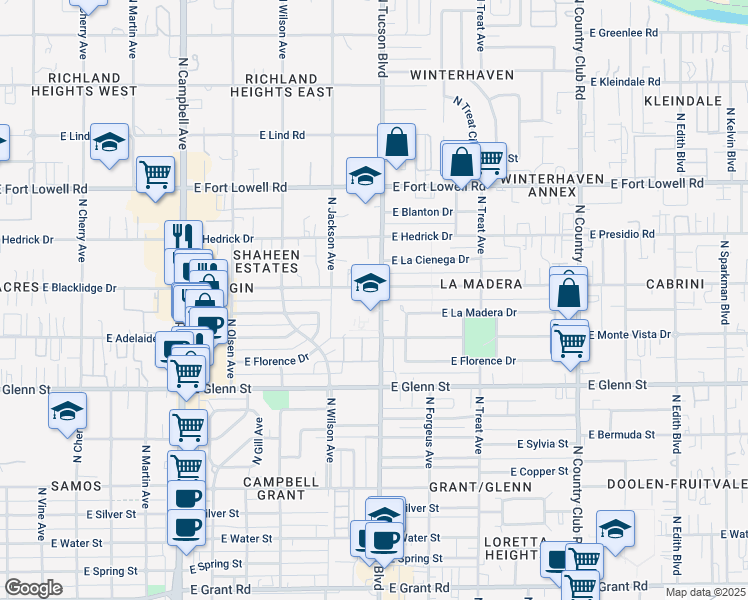 map of restaurants, bars, coffee shops, grocery stores, and more near 2945 North Tucson Boulevard in Tucson