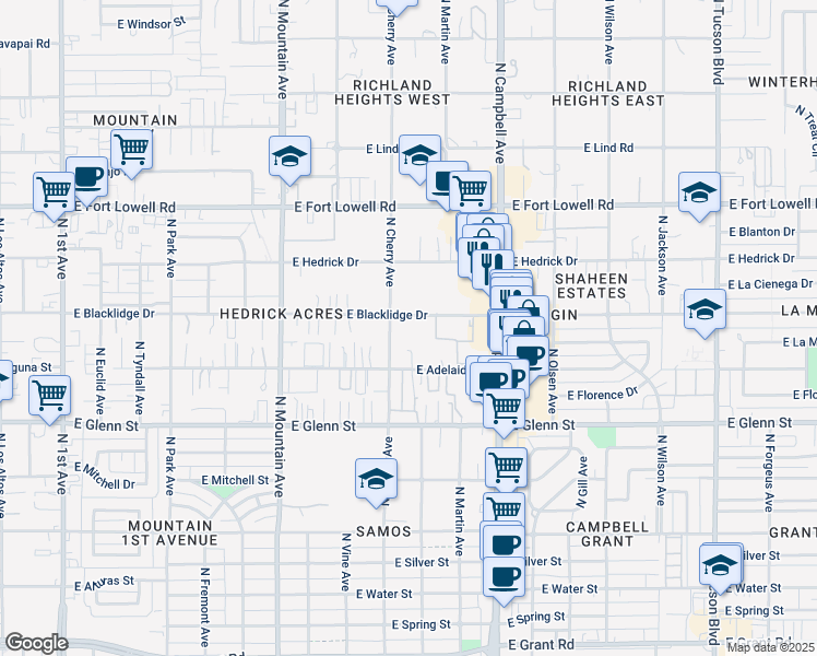 map of restaurants, bars, coffee shops, grocery stores, and more near 2934 North Cherry Avenue in Tucson