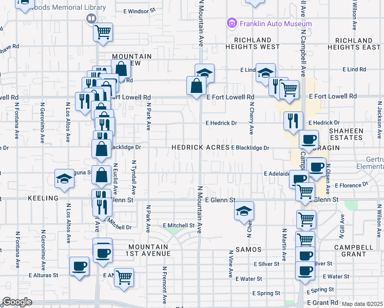 map of restaurants, bars, coffee shops, grocery stores, and more near in Tucson