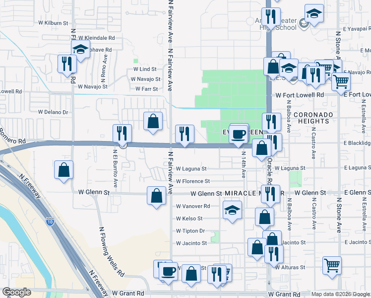 map of restaurants, bars, coffee shops, grocery stores, and more near 801 West Miracle Mile in Tucson