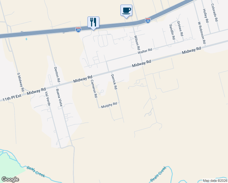 map of restaurants, bars, coffee shops, grocery stores, and more near Derrick Road in Big Spring