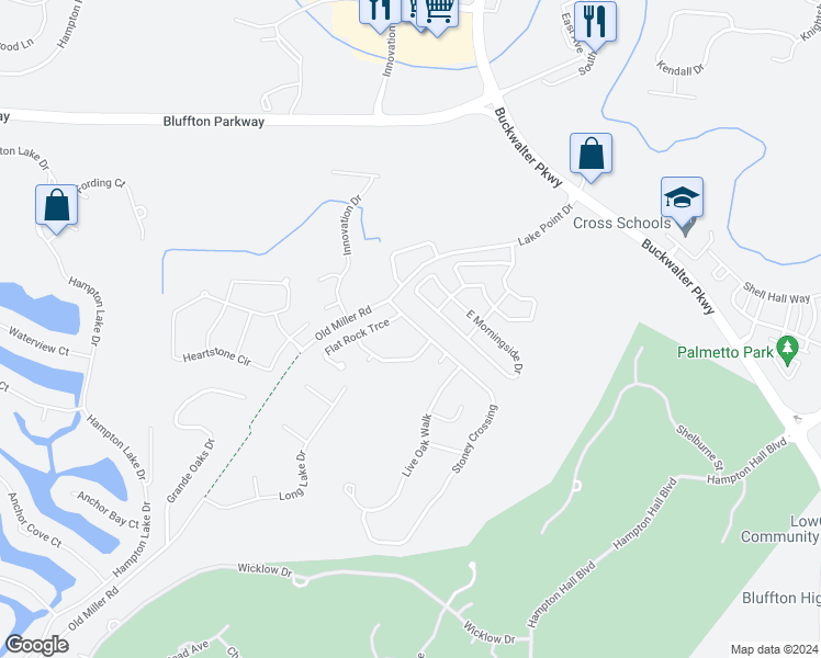 map of restaurants, bars, coffee shops, grocery stores, and more near 112 Stoney Crossing in Bluffton