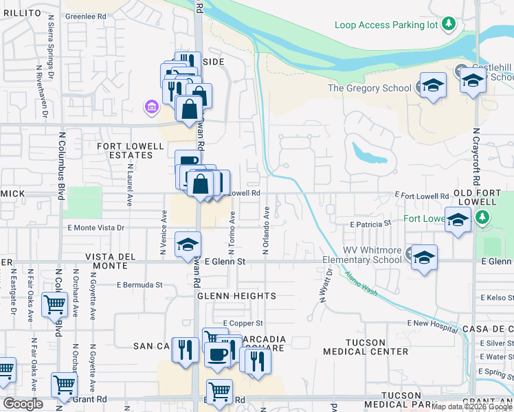 map of restaurants, bars, coffee shops, grocery stores, and more near 4852 East Fort Lowell Road in Tucson