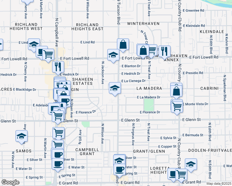 map of restaurants, bars, coffee shops, grocery stores, and more near 2945 North Tucson Boulevard in Tucson