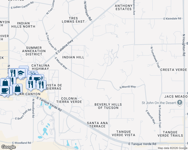map of restaurants, bars, coffee shops, grocery stores, and more near 9575 East Morrill Way in Tucson
