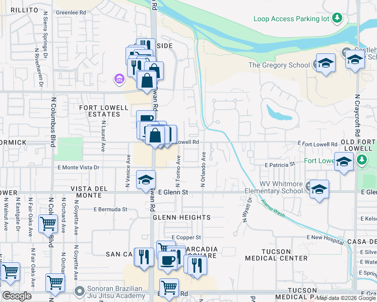 map of restaurants, bars, coffee shops, grocery stores, and more near 4852 East Fort Lowell Road in Tucson