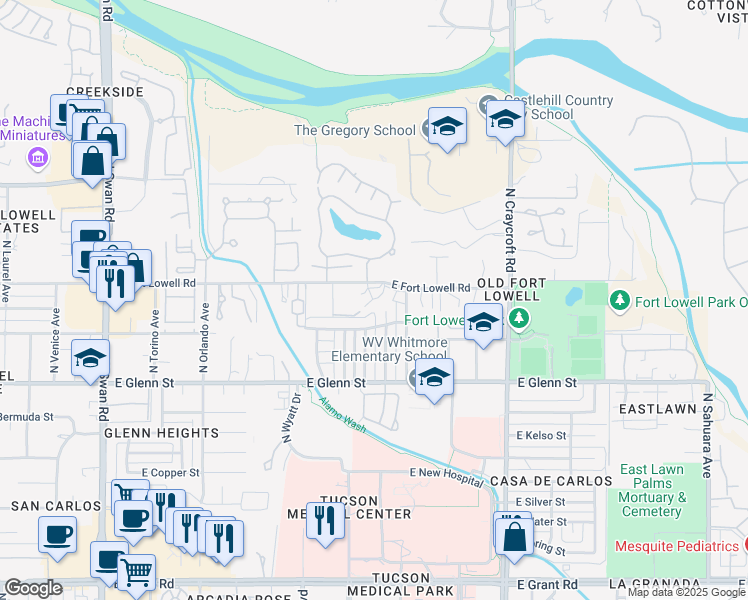 map of restaurants, bars, coffee shops, grocery stores, and more near 5230 East Fort Lowell Road in Tucson