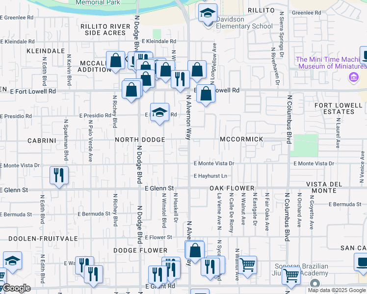 map of restaurants, bars, coffee shops, grocery stores, and more near 2935 North Alvernon Way in Tucson