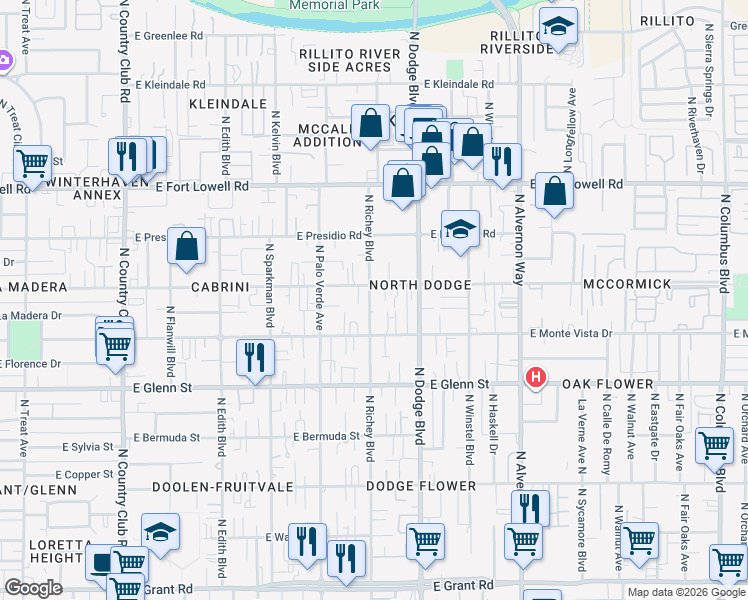 map of restaurants, bars, coffee shops, grocery stores, and more near 2940 North Richey Boulevard in Tucson