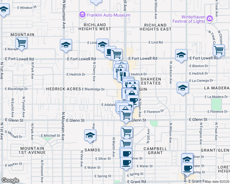 map of restaurants, bars, coffee shops, grocery stores, and more near 2937 North Campbell Avenue in Tucson