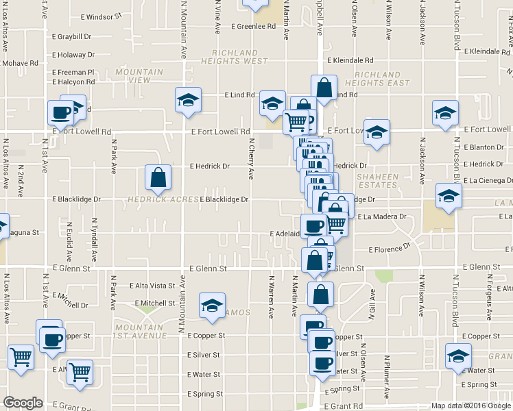 map of restaurants, bars, coffee shops, grocery stores, and more near 2934 North Cherry Avenue in Tucson
