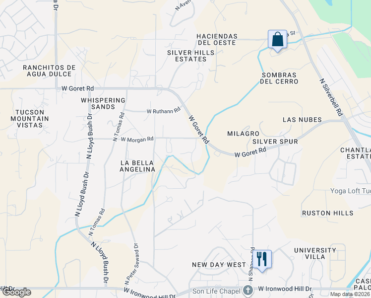 map of restaurants, bars, coffee shops, grocery stores, and more near 3135 West Morgan Road in Tucson