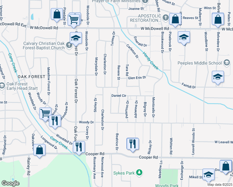 map of restaurants, bars, coffee shops, grocery stores, and more near 604 Daniel Circle in Jackson