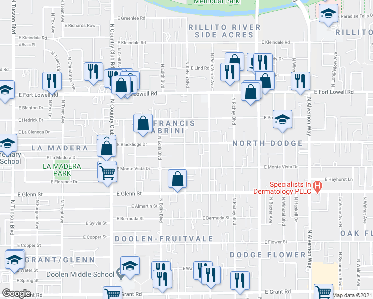 map of restaurants, bars, coffee shops, grocery stores, and more near 2954 North Sparkman Boulevard in Tucson