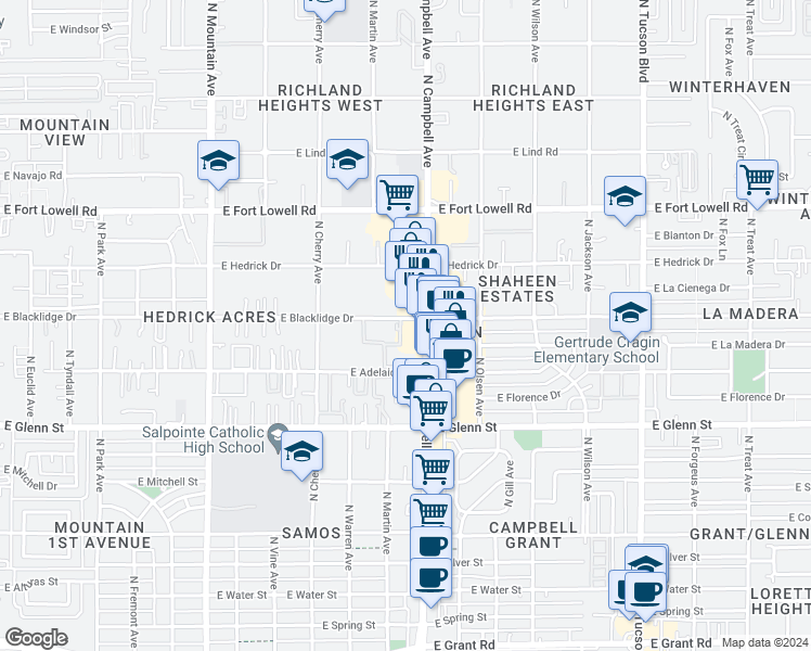 map of restaurants, bars, coffee shops, grocery stores, and more near 1814 East Blacklidge Drive in Tucson